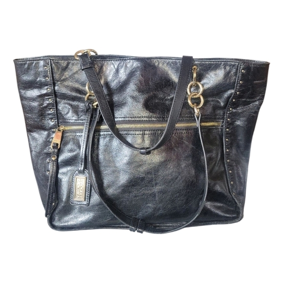 Badgley Mischka Tessa Shine Goldtone Hardware Link Chain Black Leather Tote Bag - Picture 1 of 10